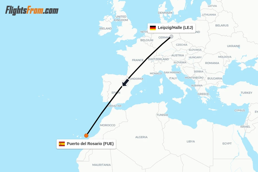 Flights from Leipzig/Halle to Puerto del Rosario route map