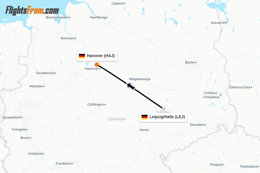 Flights from Leipzig/Halle to Hanover route map