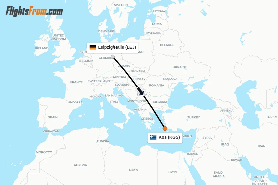 Flights from Leipzig/Halle to Kos route map