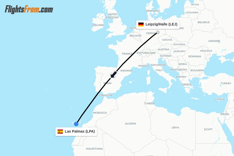 Flights from Leipzig/Halle to Las Palmas route map