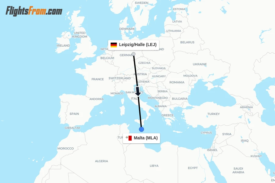 Flights from Leipzig/Halle to Malta route map