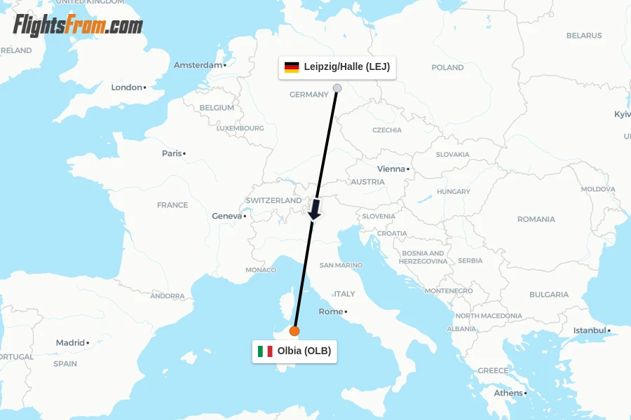 Flights from Leipzig/Halle to Olbia route map