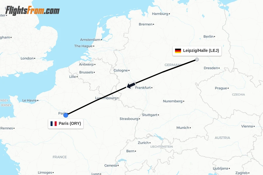 Flights from Leipzig/Halle to Paris route map