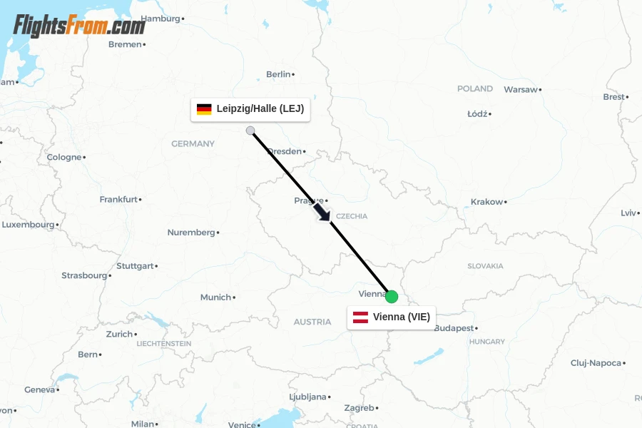 Flights from Leipzig/Halle to Vienna route map