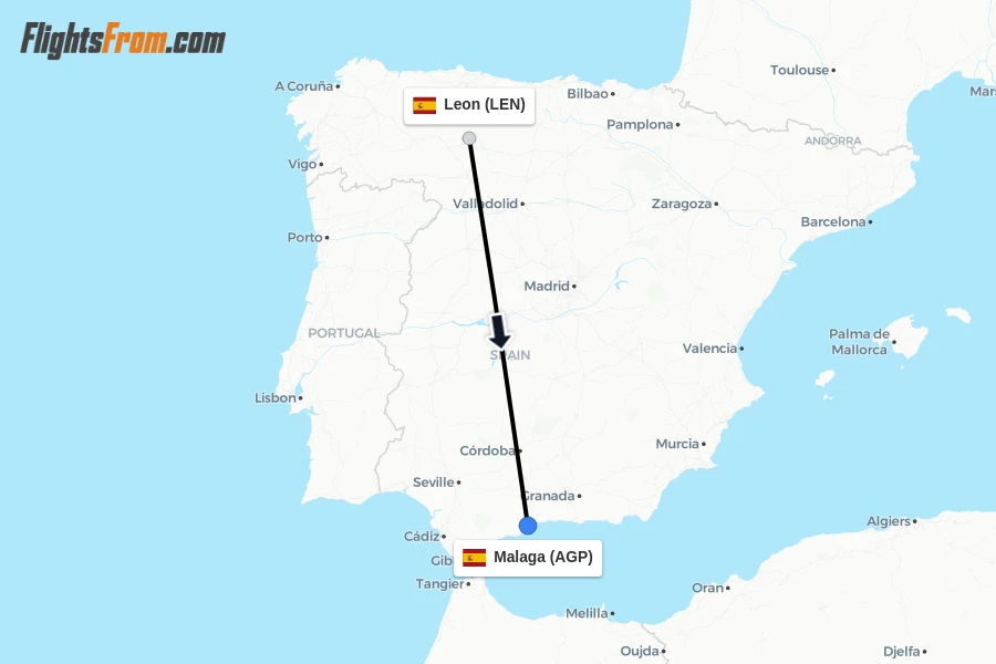 Flights from Leon to Malaga route map