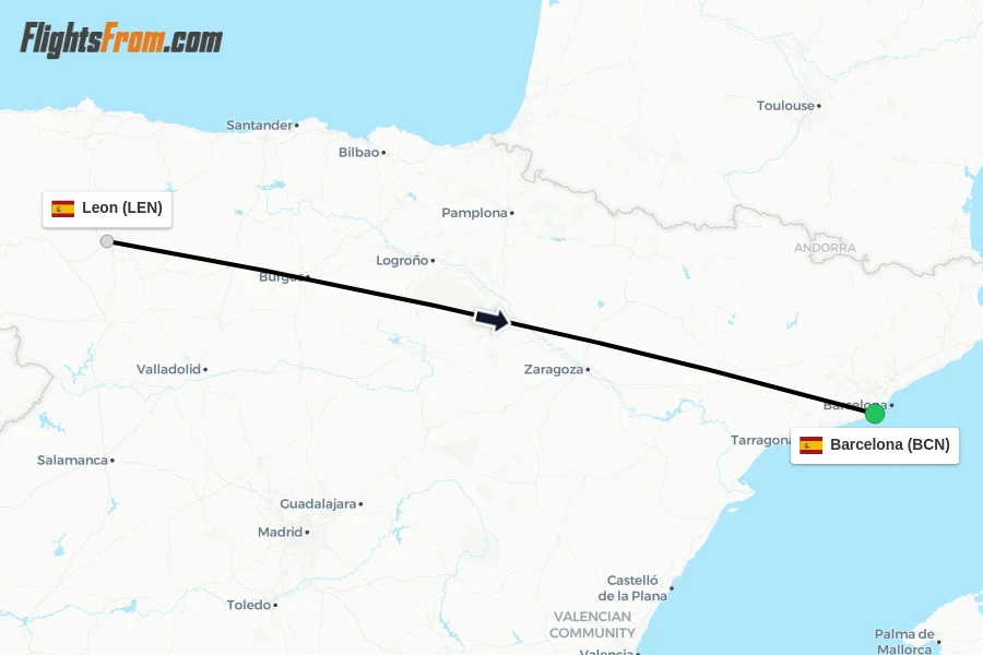 Flights from Leon to Barcelona route map