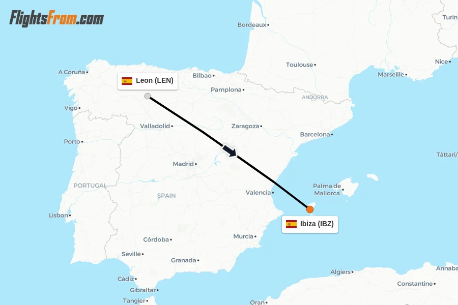 Flights from Leon to Ibiza route map