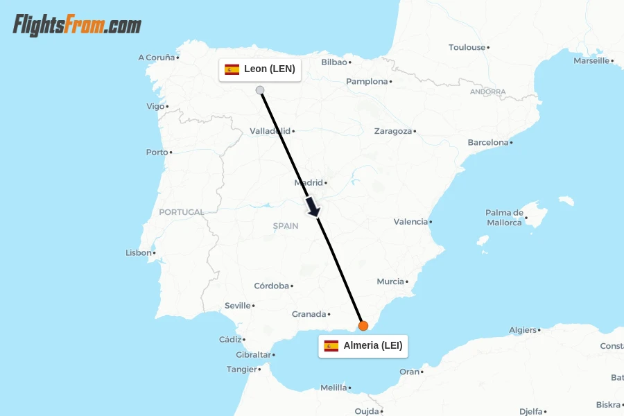 Flights from Leon to Almeria route map