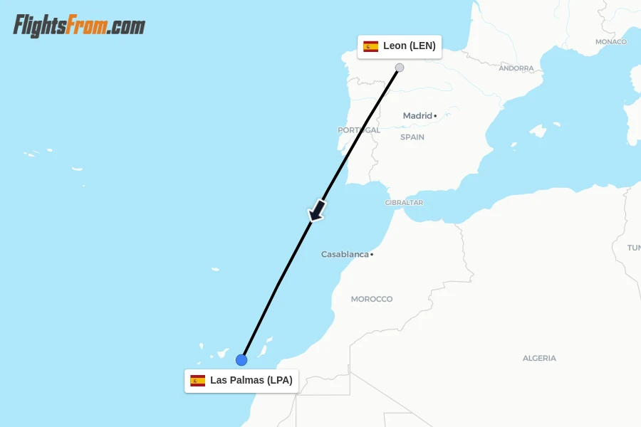 Flights from Leon to Las Palmas route map