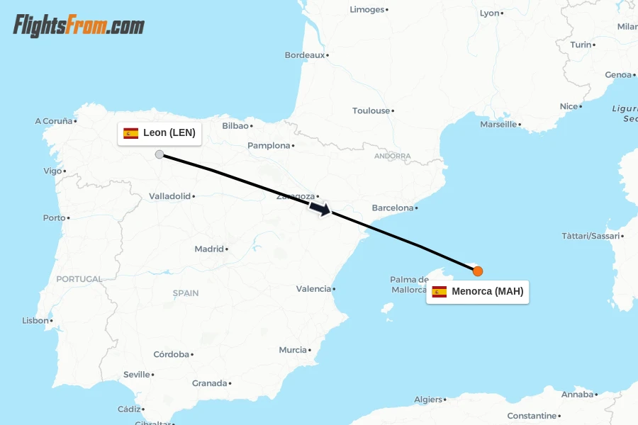 Flights from Leon to Menorca route map