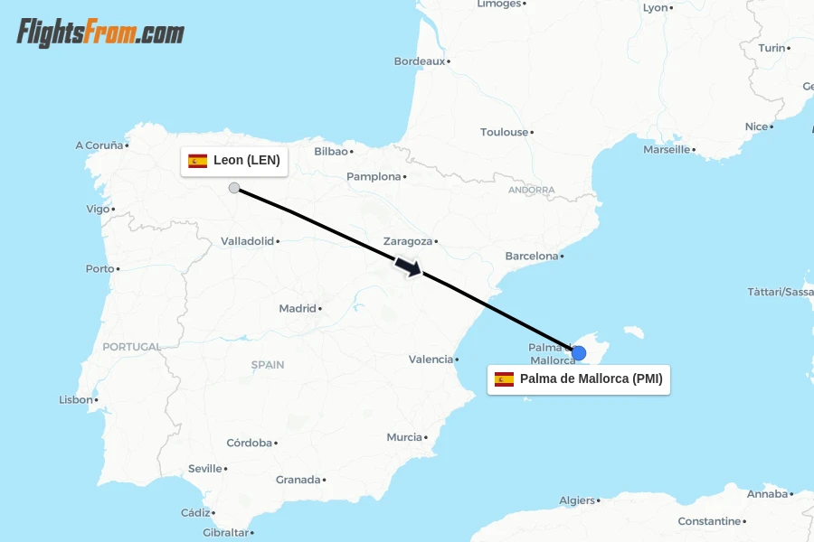 Flights from Leon to Palma de Mallorca route map