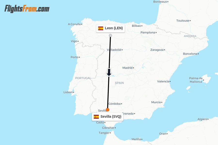 Flights from Leon to Sevilla route map