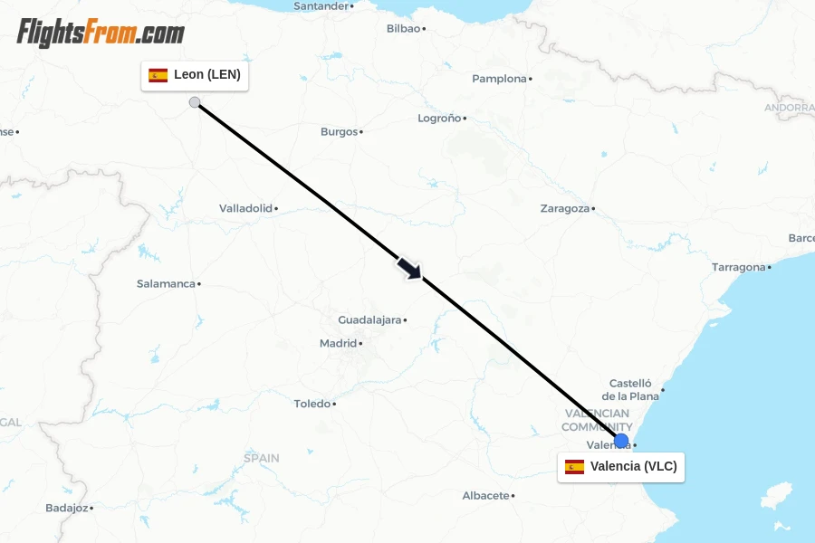 Flights from Leon to Valencia route map