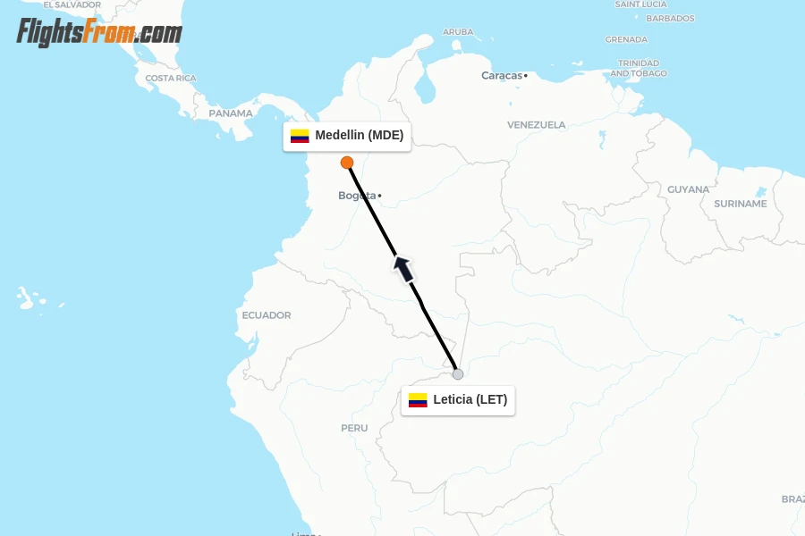 Flights from Leticia to Medellin route map