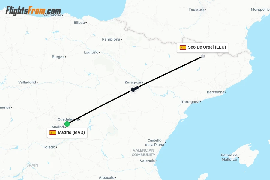 Flights from Seo De Urgel to Madrid route map