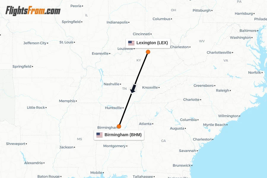 Flights from Lexington to Birmingham route map