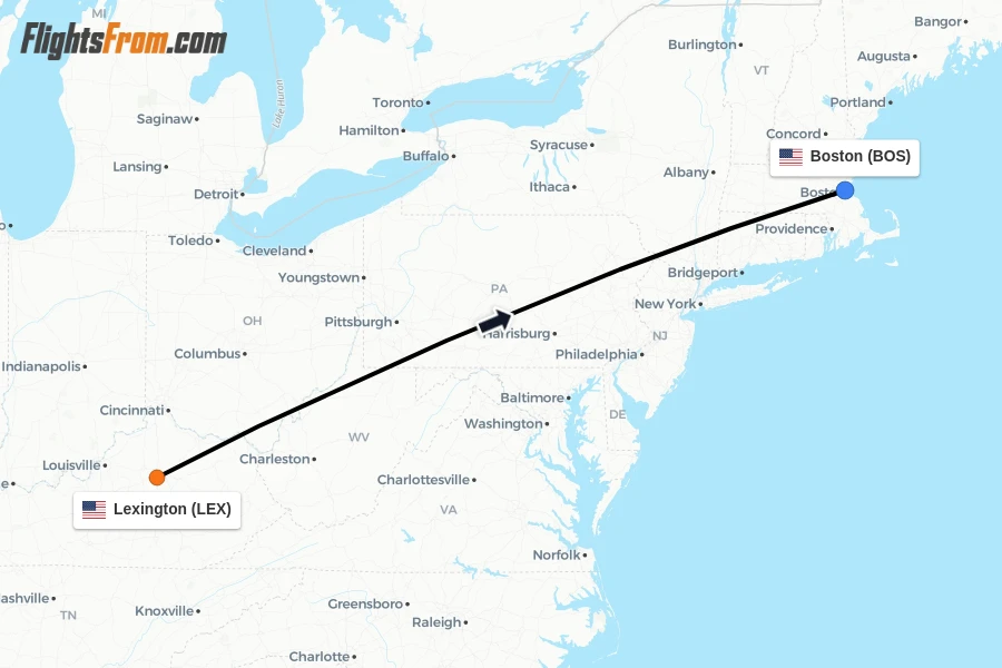 Flights from Lexington to Boston route map