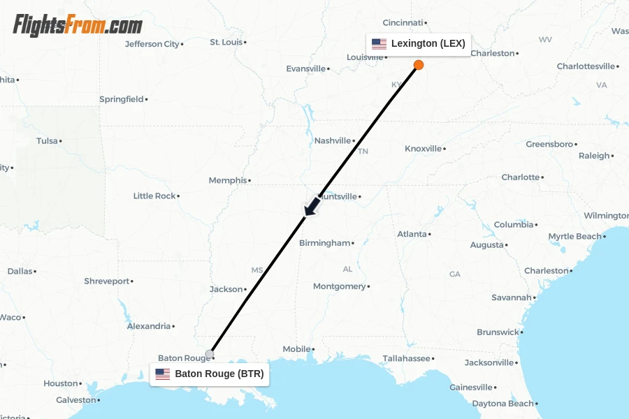 Flights from Lexington to Baton Rouge route map
