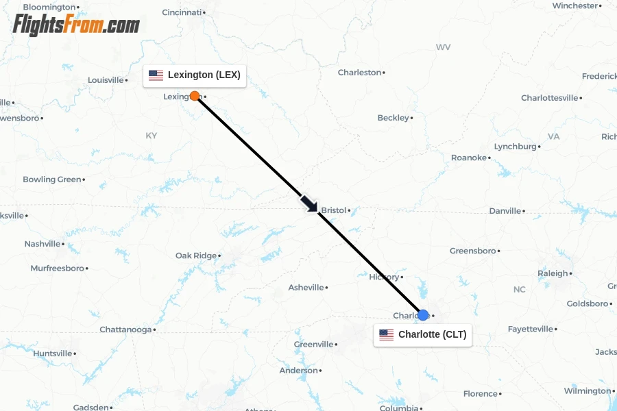 Flights from Lexington to Charlotte route map