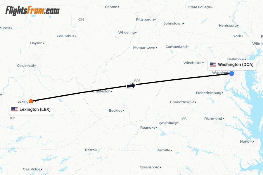 Flights from Lexington to Washington route map
