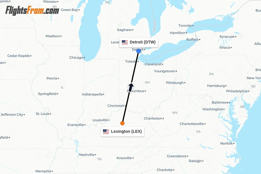 Flights from Lexington to Detroit route map