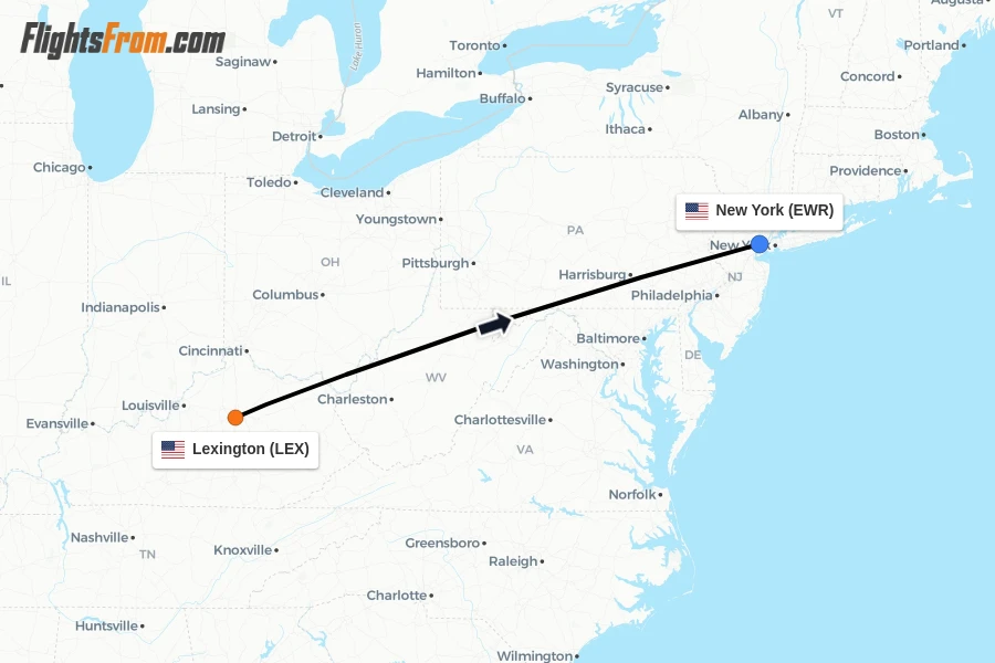 Flights from Lexington to New York route map
