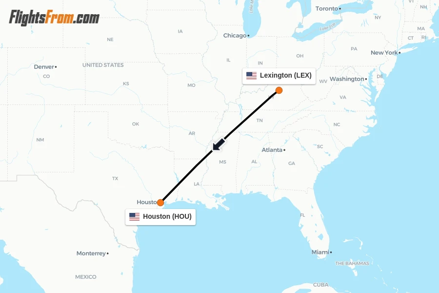 Flights from Lexington to Houston route map