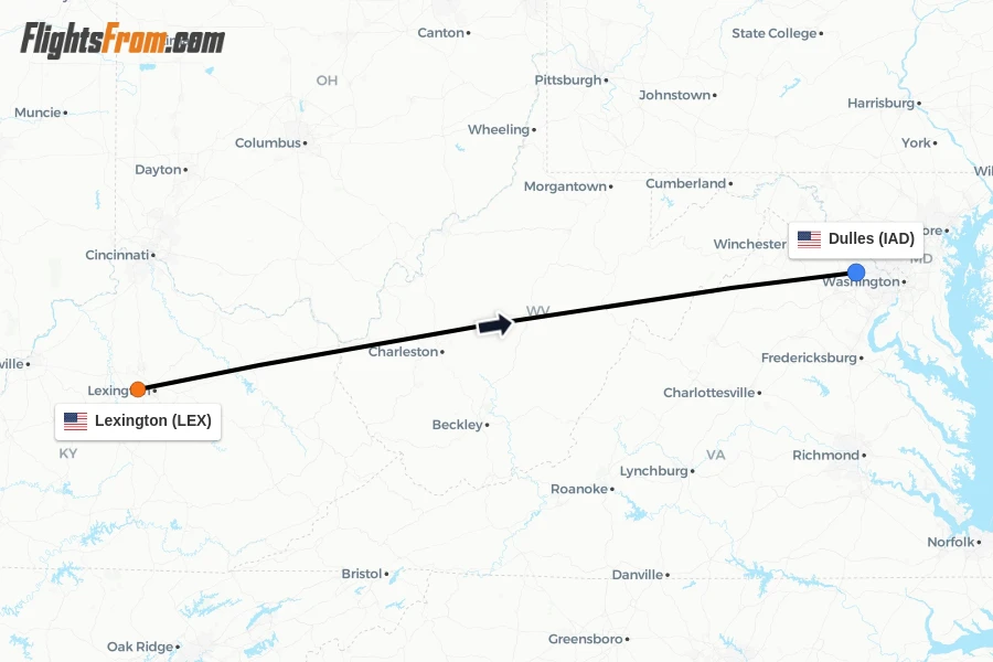 Flights from Lexington to Dulles route map