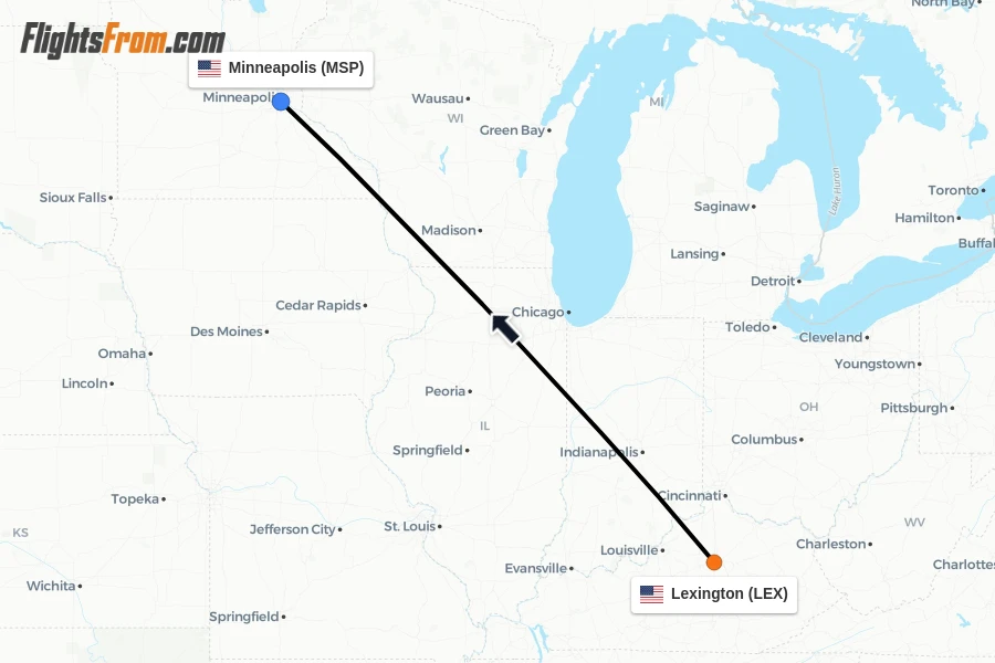 Flights from Lexington to Minneapolis route map