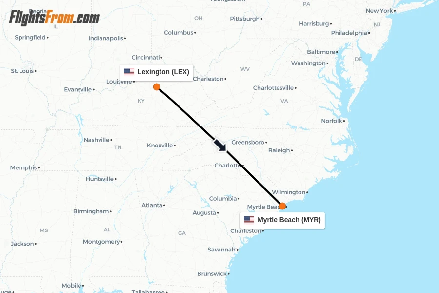 Flights from Lexington to Myrtle Beach route map