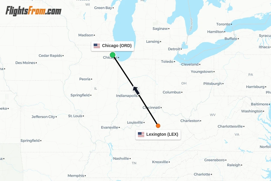 Flights from Lexington to Chicago route map