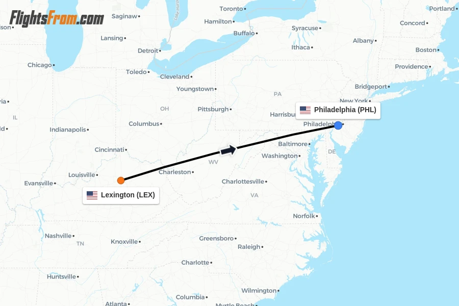Flights from Lexington to Philadelphia route map
