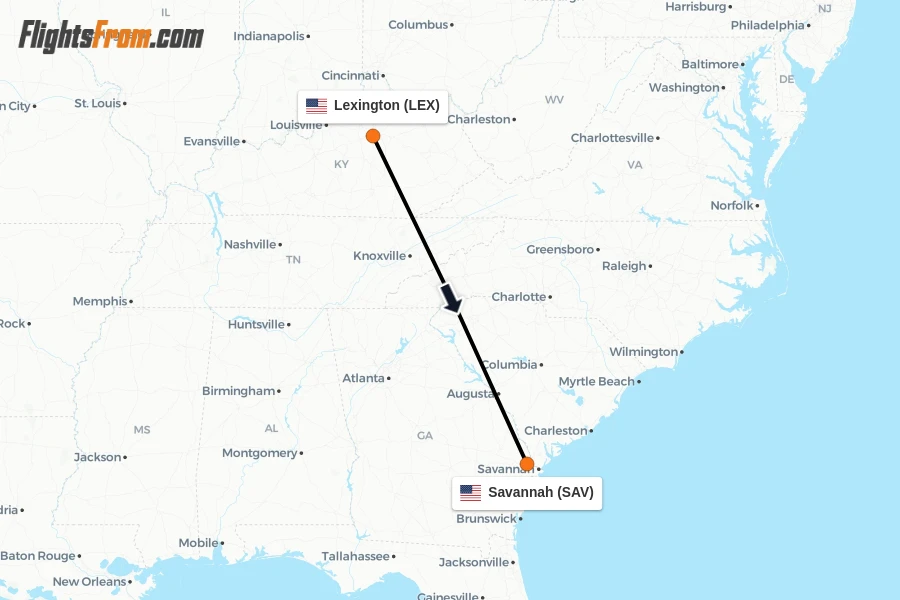 Flights from Lexington to Savannah route map