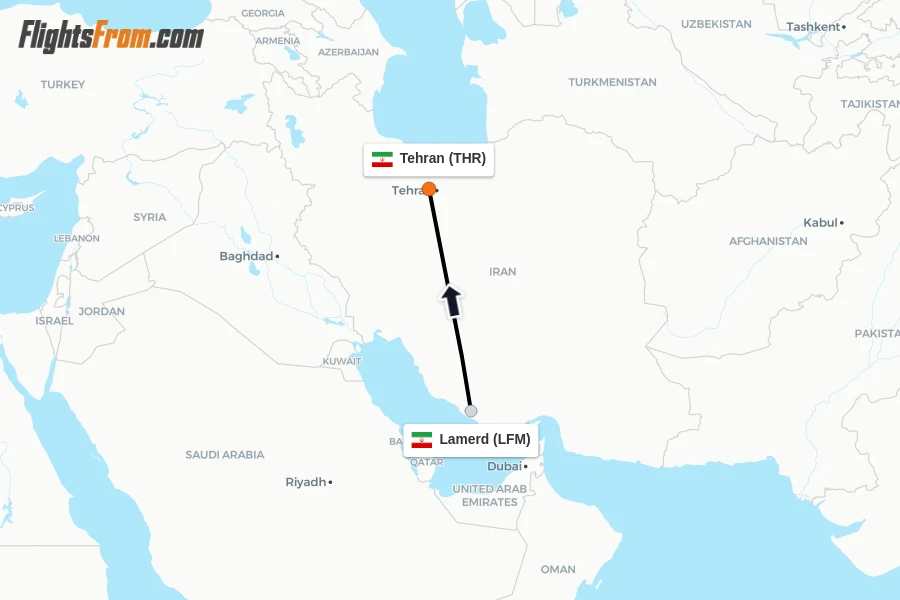 Flights from Lamerd to Tehran route map