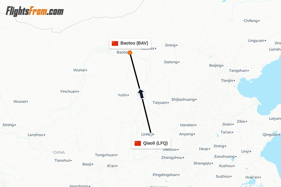 Flights from Qiaoli to Baotou route map