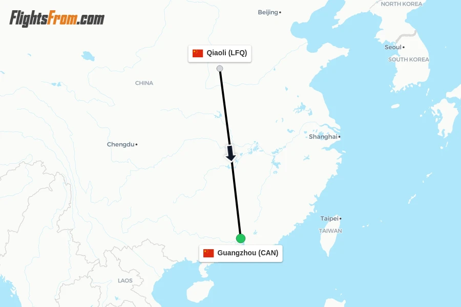 Flights from Qiaoli to Guangzhou route map