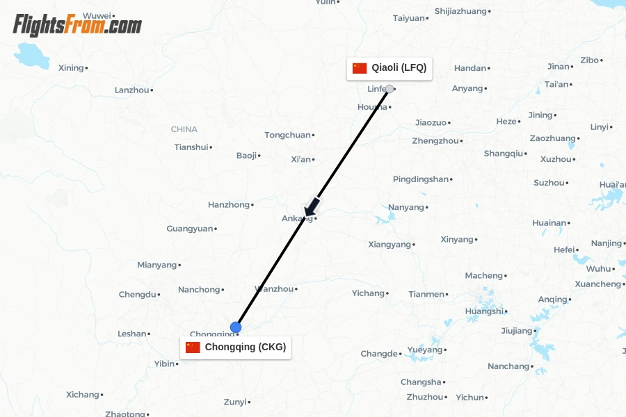 Flights from Qiaoli to Chongqing route map