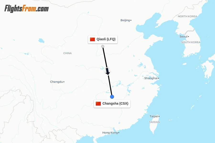 Flights from Qiaoli to Changsha route map