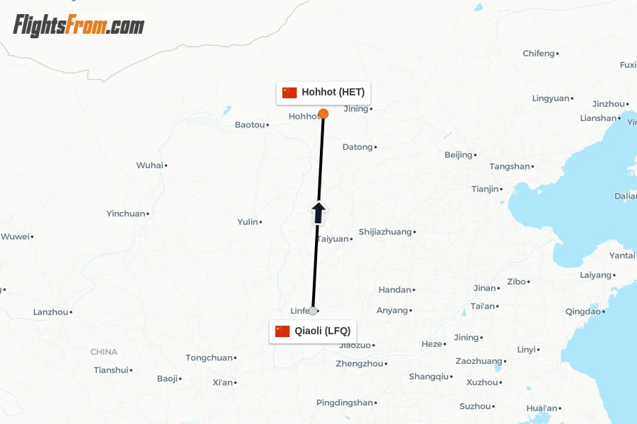 Flights from Qiaoli to Hohhot route map