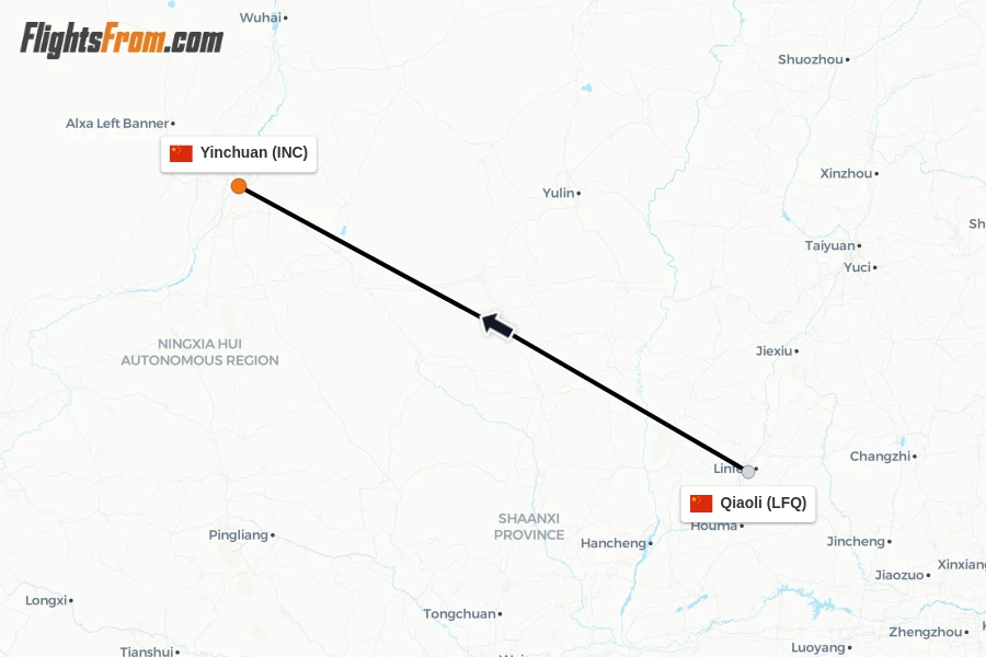 Flights from Qiaoli to Yinchuan route map