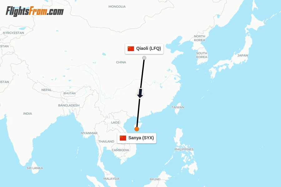 Flights from Qiaoli to Sanya route map