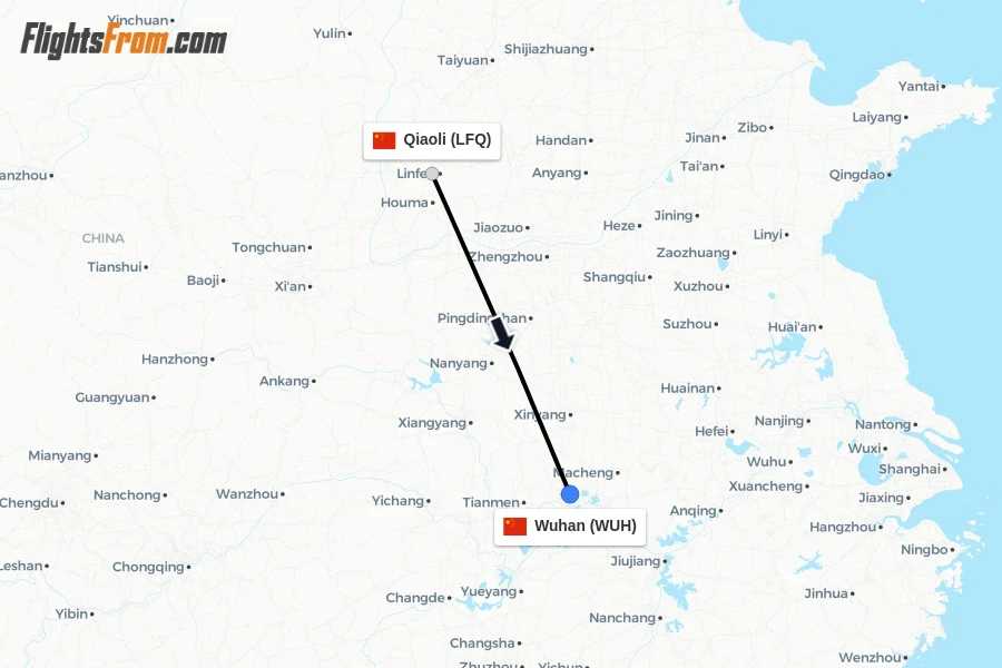 Flights from Qiaoli to Wuhan route map