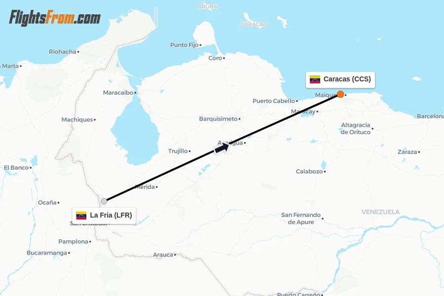Flights from La Fria to Caracas route map