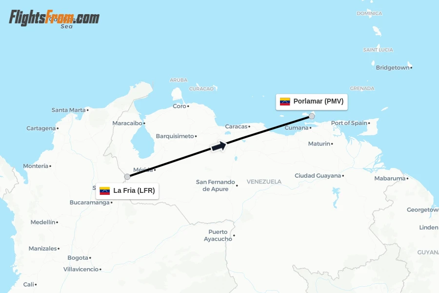 Flights from La Fria to Porlamar route map