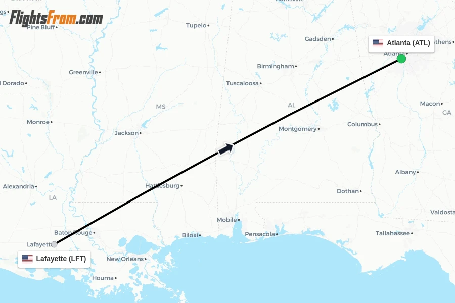 Flights from Lafayette to Atlanta route map