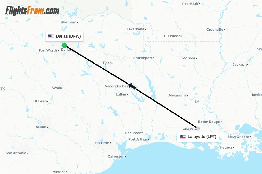 Flights from Lafayette to Dallas route map