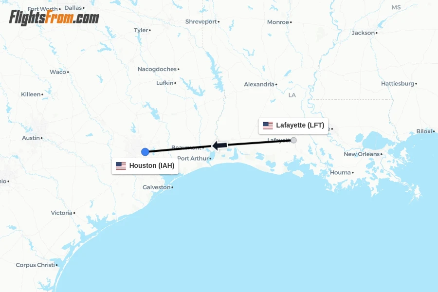 Flights from Lafayette to Houston route map