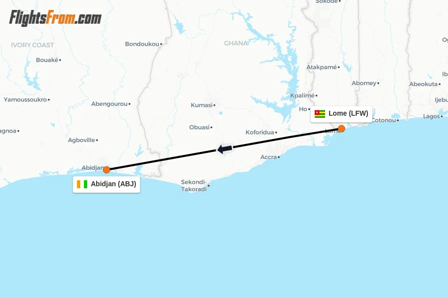 Flights from Lome to Abidjan route map