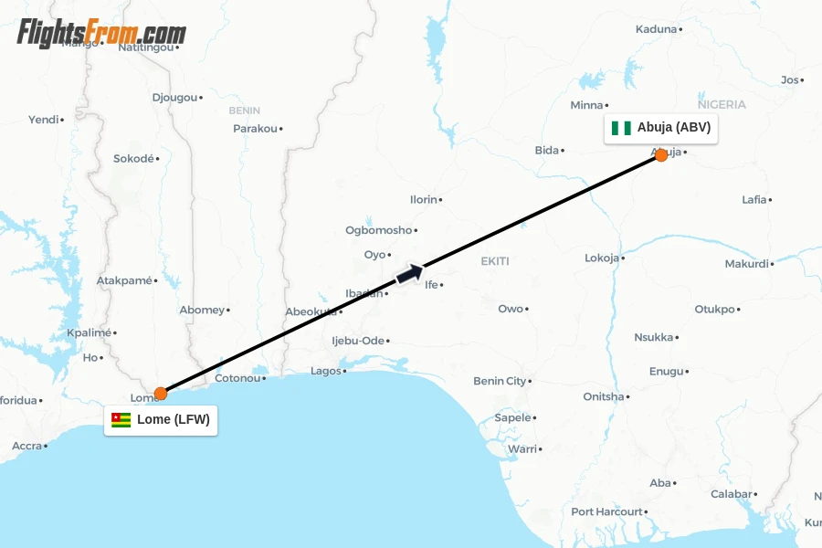 Flights from Lome to Abuja route map