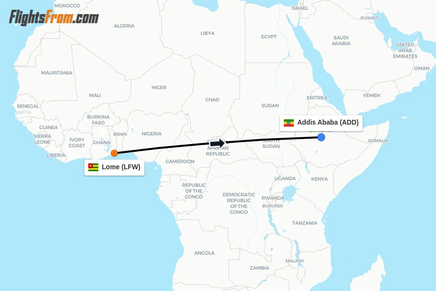 Flights from Lome to Addis Ababa route map